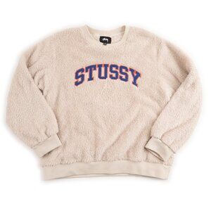 STUSSY Pilar cream logo sherpa fleece crewneck sweatshirt size M